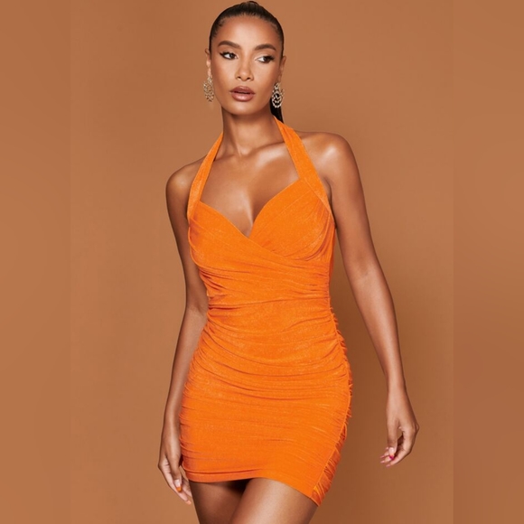 SHEIN BAE Halter Neck Backless Ruched Bodycon Dress - Picture 3 of 9